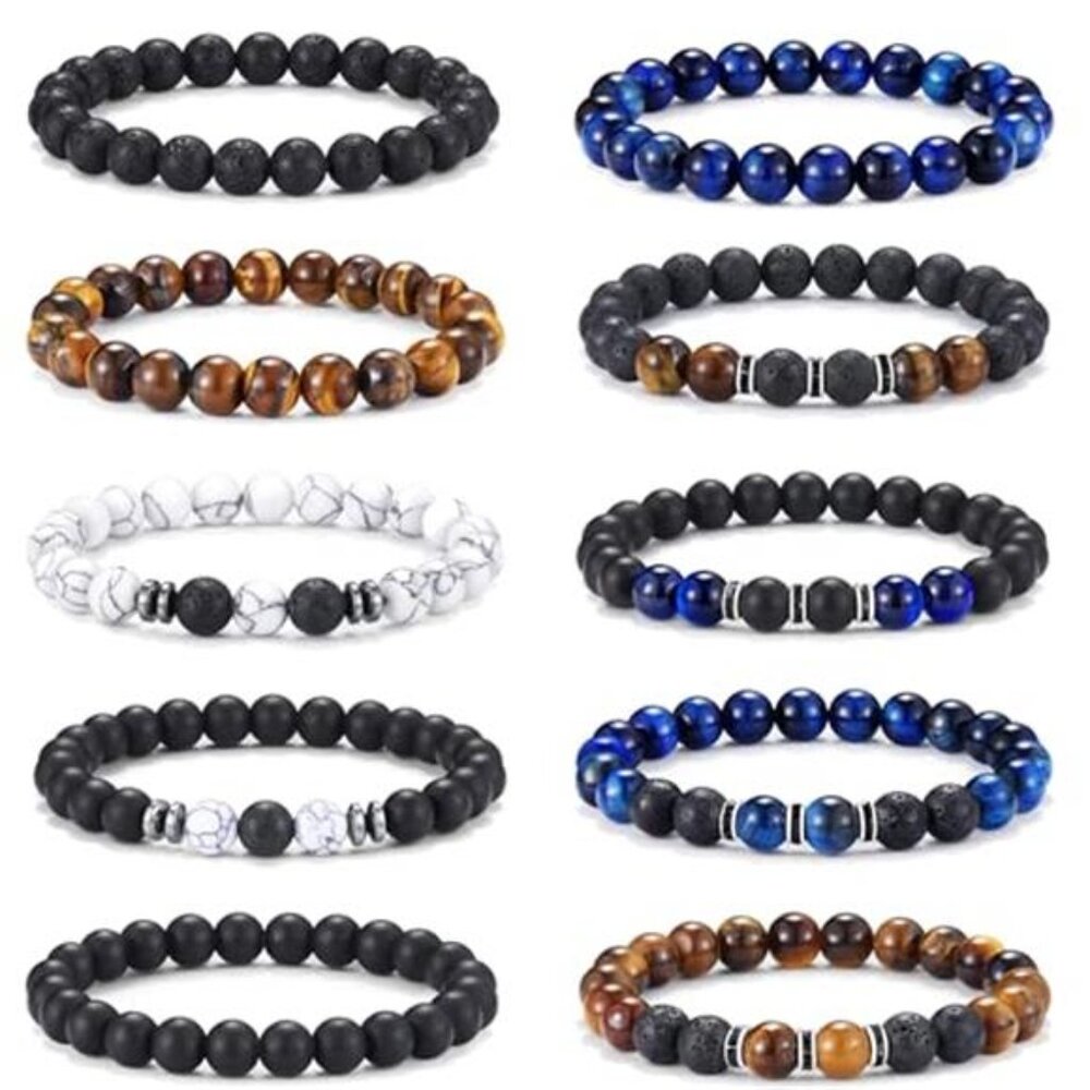 Tiger Eye Bracelet Set Natural Stone Beaded Bracelet Lava Rock Stretch Unisex
